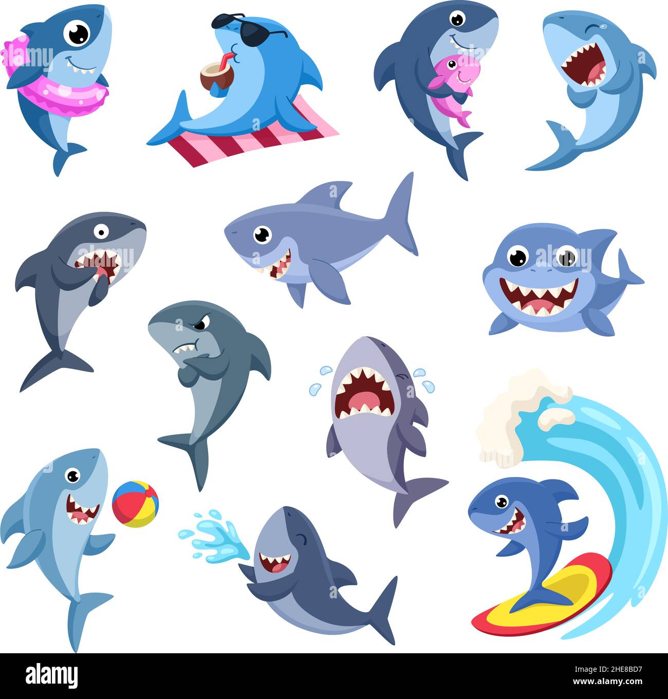 Tiburón de dibujos animados. Tiburones divertidos, depredadores del mar.  Personajes de la fauna marina. Peces de color rosa y azul con el bebé,  sonreír animales de agua para los niños, garish vector