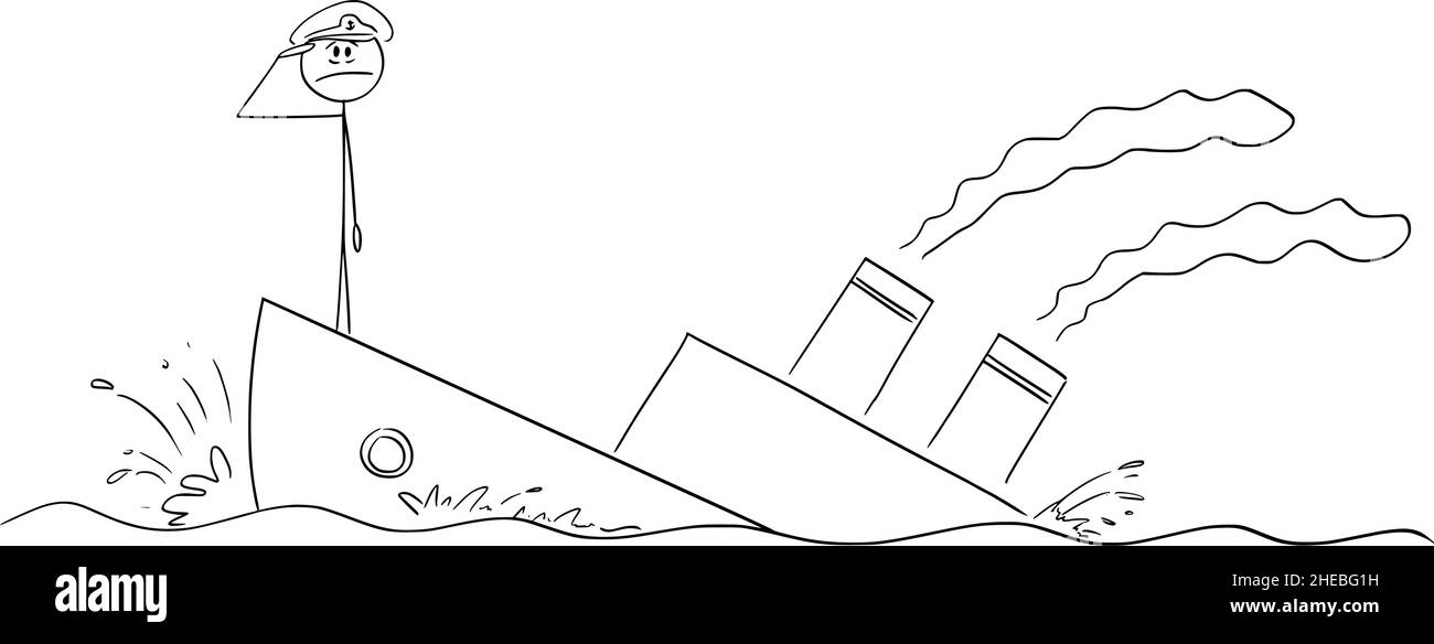 Capitán de la nave del hundimiento o el saluting del barco, Vector Cartoon Stick Ilustración de la figura Ilustración del Vector