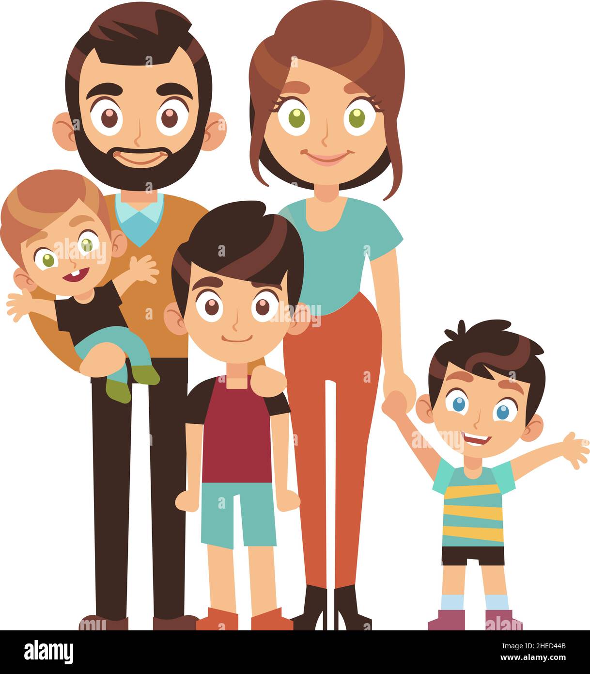 Concepto de familia grande. Padres de dibujos animados con tres niños  Imagen Vector de stock - Alamy