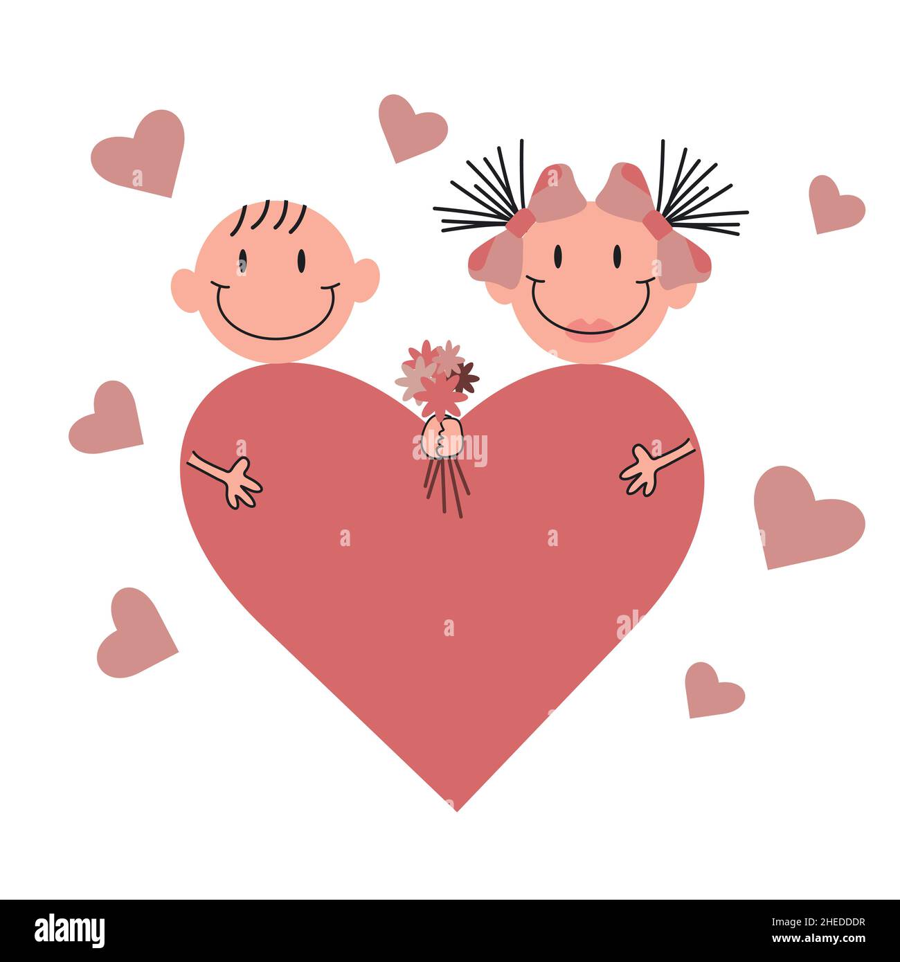 Una niña y un niño de dibujos animados se enamoran unos de otros. Ramo de flores y un corazón enorme, día de San Valentín concepto de diseño vectorial. Historia de amor de una pareja Ilustración del Vector