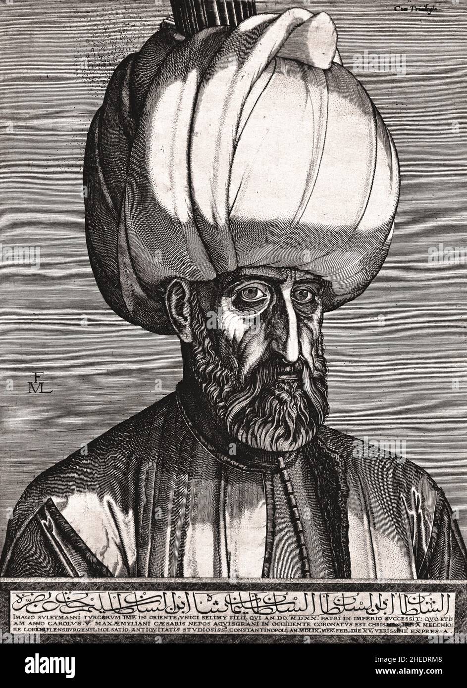 Retrato del Sultán Suleyman El Magnífico de Melchior Lorck. Melchior Lorichs 1526-1598 (Suleiman I, comúnmente conocido como Suleiman el Magnífico en el Oeste y Suleiman el Legislador en su reino, fue el décimo y más antiguo sultán del Imperio Otomano desde 1520 hasta su muerte en 1566.) Foto de stock