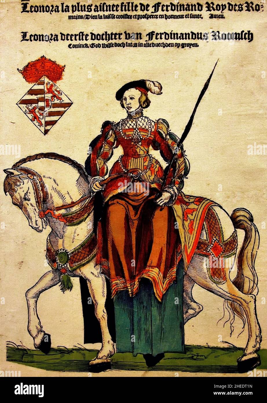 Retrato de Eleanor de Austria a caballo 1543 ,woodcut / mano-color printmaker, Cornelis Anthonisz. editor Hans Liefrinck, Amberes , Bélgica, Flamenco, Holanda, ( Eleanor de Austria 1498 – 1558 Eleanor de Castilla, nació archiduquesa de Austria e Infanta de Castilla de la Casa de los Habsburgo, y posteriormente se convirtió en Reina consorte de Portugal (1518–1521) y de Francia (1530–1547 ) Foto de stock