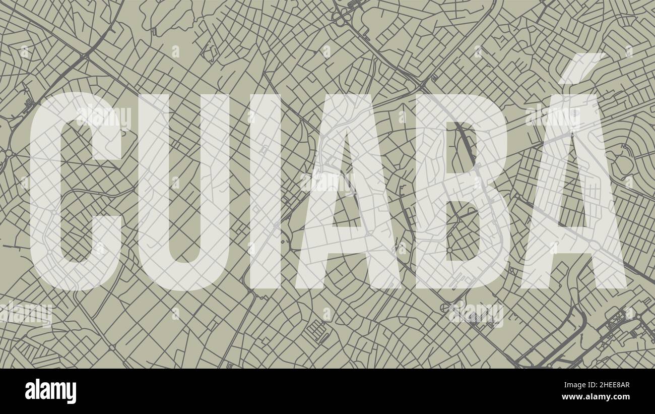 Cartel de la ciudad del mapa de Cuiaba, mapa vectorial de fondo horizontal con título de opacidad. Mapa de calles de la zona del municipio. Panorámica del horizonte brasileño. Ilustración del Vector