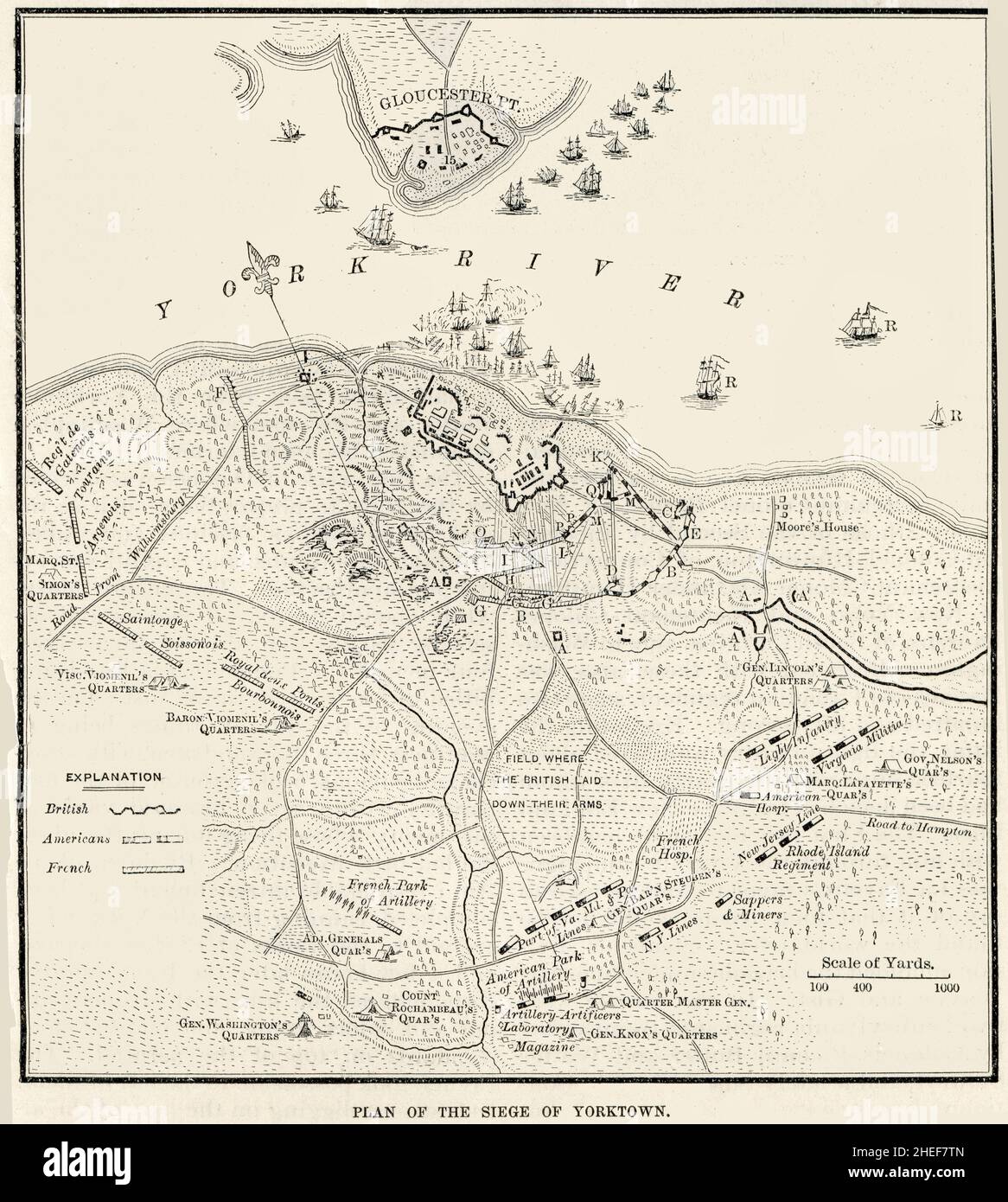 Plan del Sitio de Yorktown durante la Revolución Americana, 1781 Foto de stock