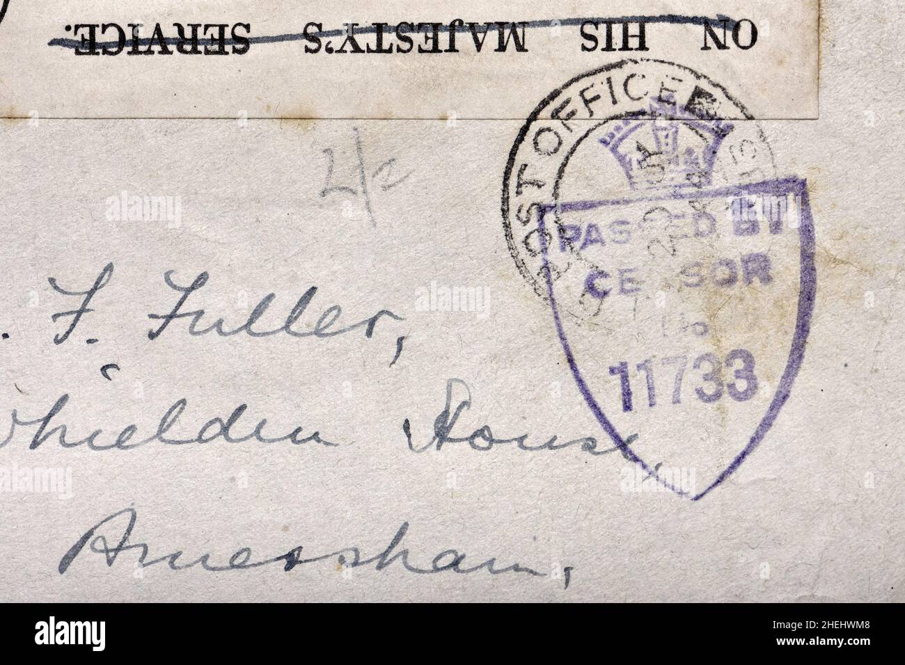 Carta publicada durante la Primera Guerra Mundial con un sello para mostrar que fue aprobado por los censores. Foto de stock