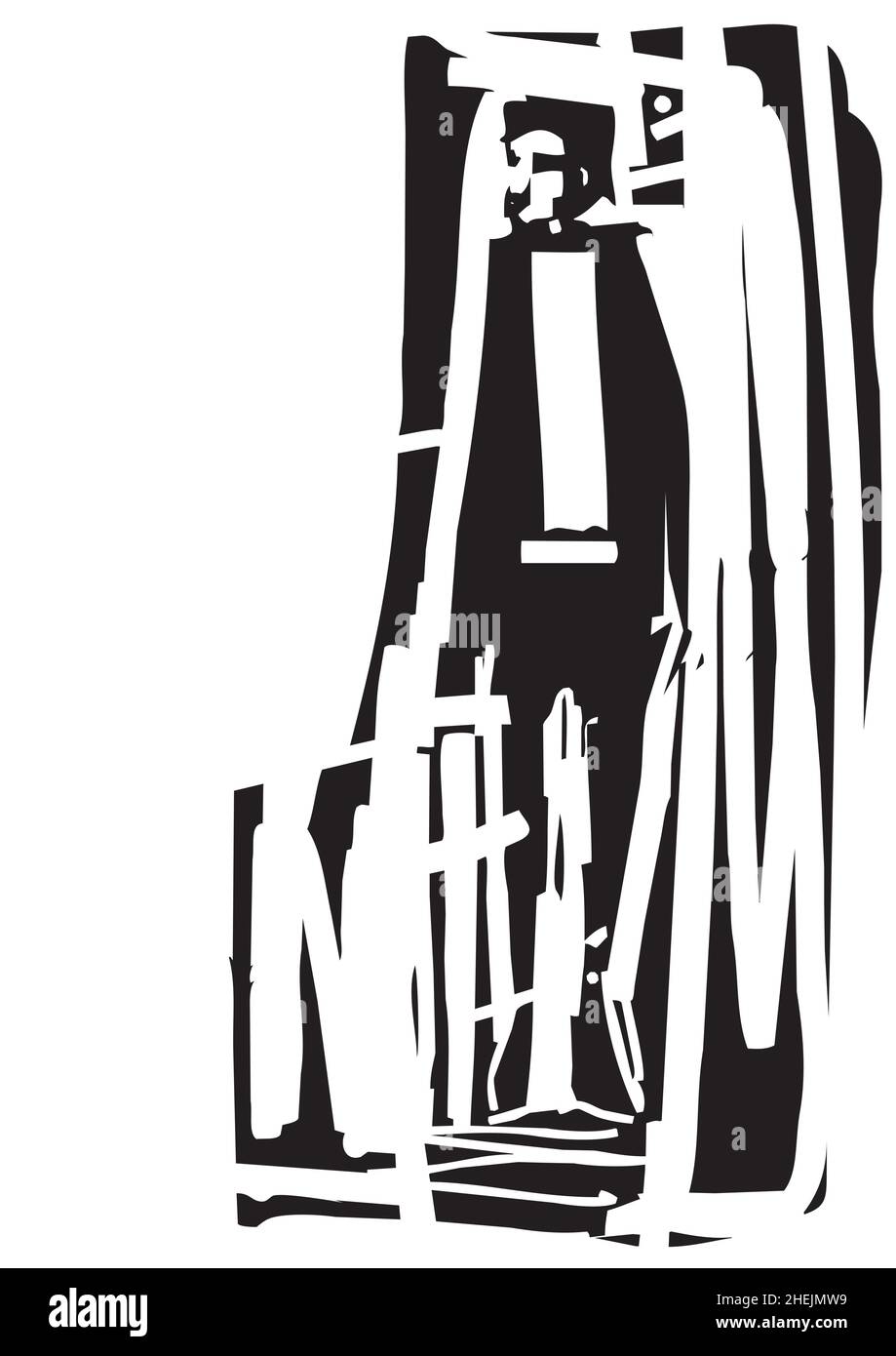 Imagen expresionista estilo madera de un hombre blanco y negro de pie al lado mirando hacia la distancia. Ilustración del Vector