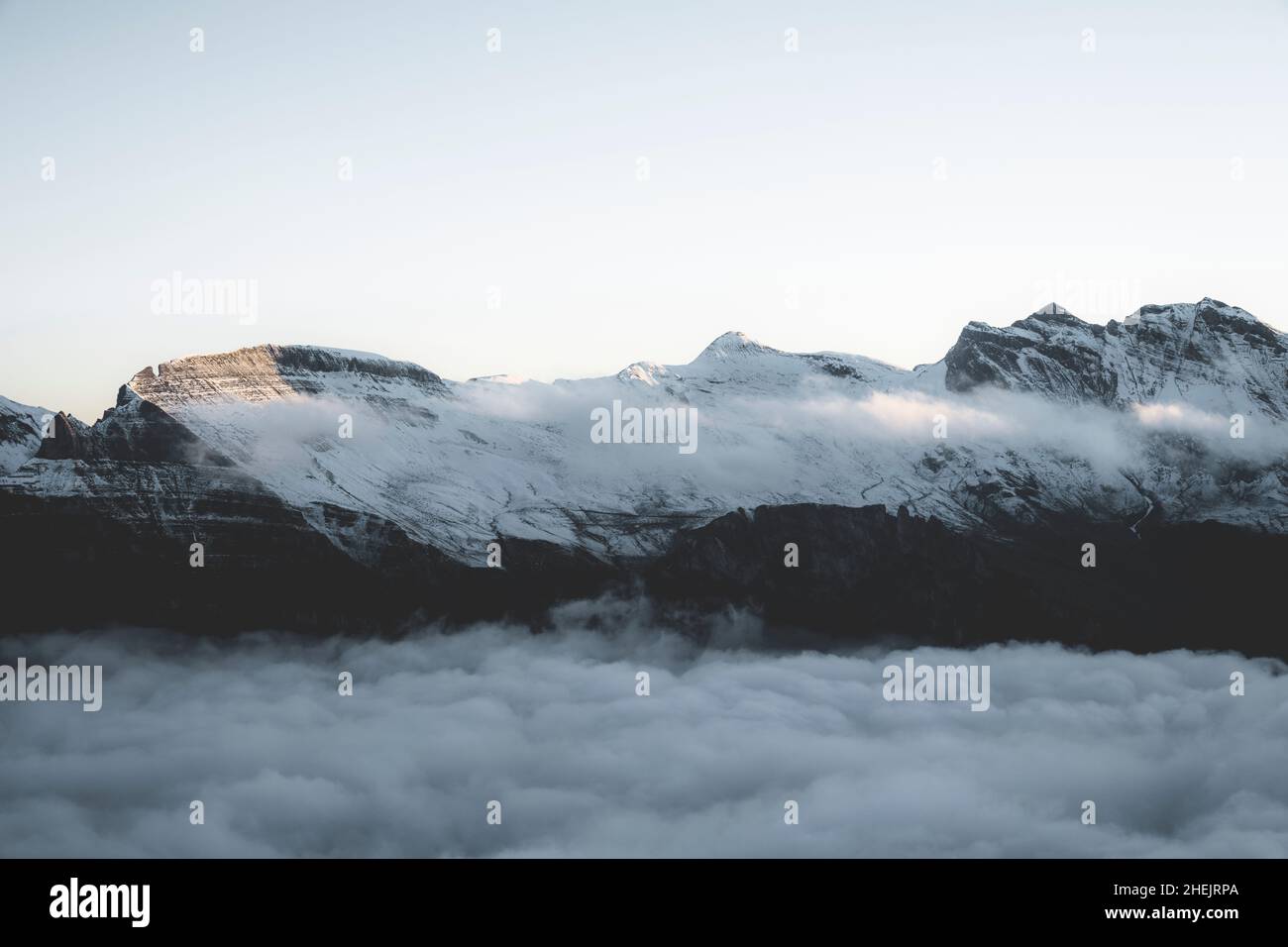 Niebla al amanecer que cubre el pico de la montaña Faulhorn en las nubes, Mannlichen, región de Jungfrau, cantón de Berna, Suiza Foto de stock