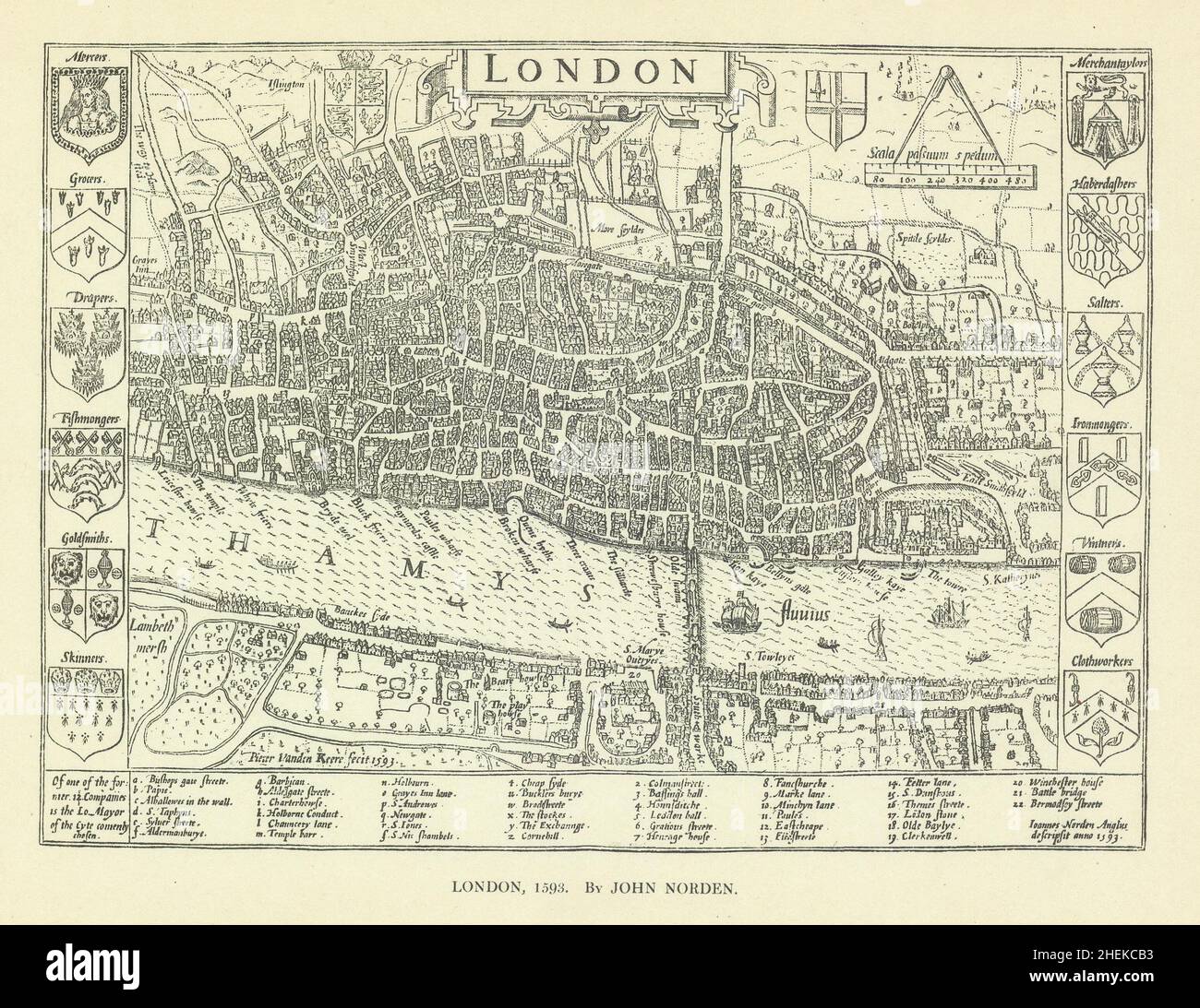 Ciudad de Londres en 1593 después de John Norden. Southwark 1908 antiguo mapa antiguo gráfico Foto de stock