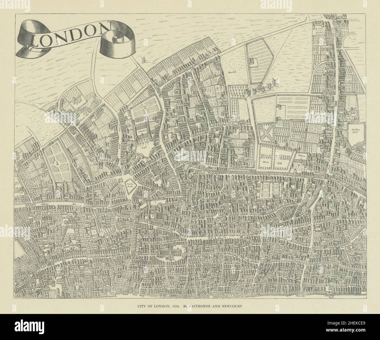 Ciudad de Londres en 1658 después de Faithorne y Newcourt 1908 antiguo mapa antiguo Foto de stock