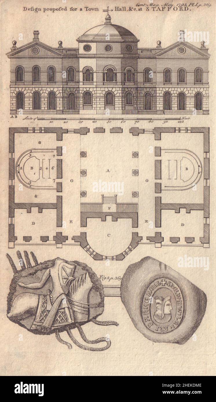 Plan y diseño propuesto para un ayuntamiento en Stafford. Sello antiguo. Personal 1795 Foto de stock