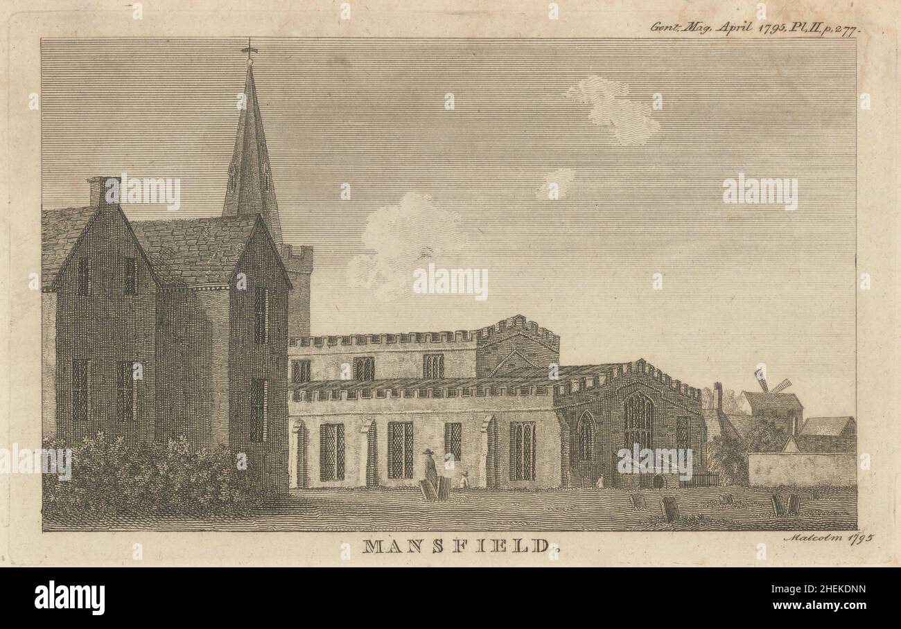 Iglesia Parroquial de San Pedro y San Pablo en Mansfield, Nottinghamshire 1795 impreso Foto de stock