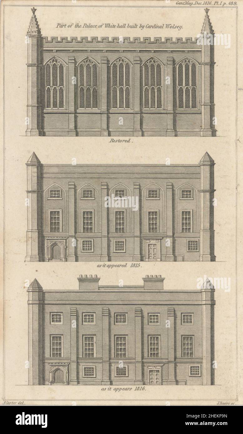 Tres elevaciones de una parte El Palacio de Whitehall, Westminster, Londres 1816 Foto de stock