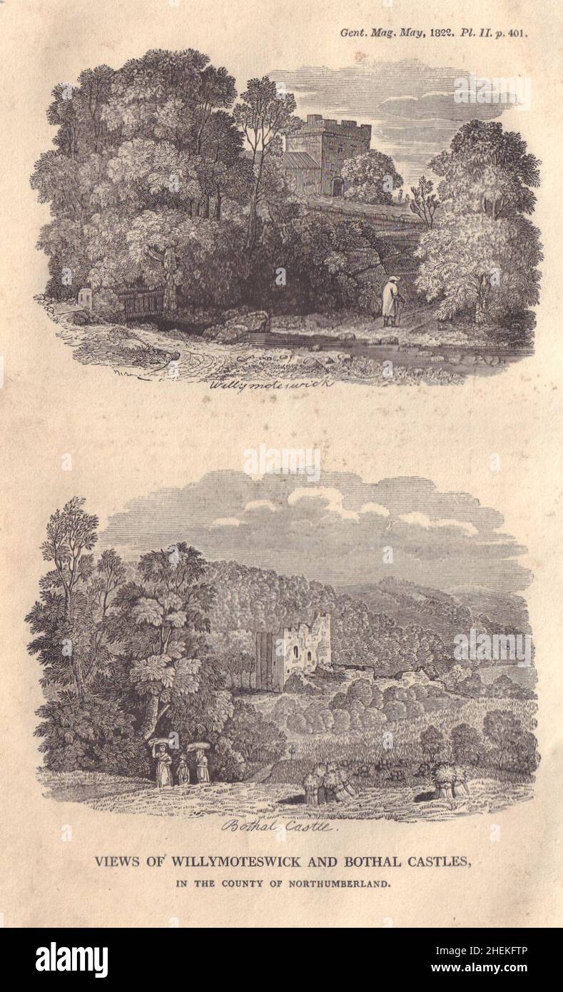 Vistas de los castillos de Wilimoteswick y Bothal, estampado antiguo de Northumberland 1822 Foto de stock