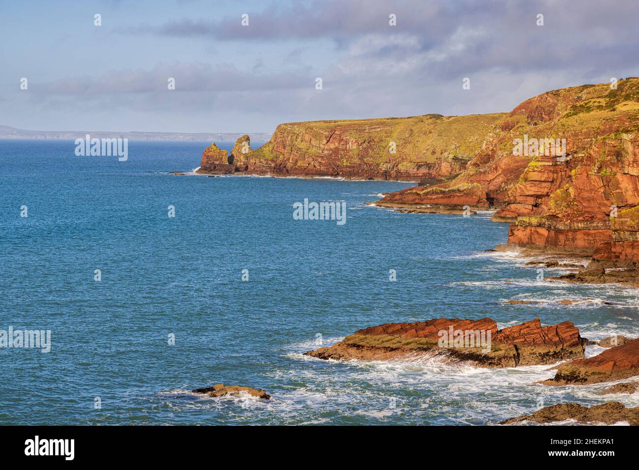 Los acantilados de arenisca de la bahía de St Brides en el Parque Nacional de la Costa de Pembrokeshire, Gales del Sur Foto de stock