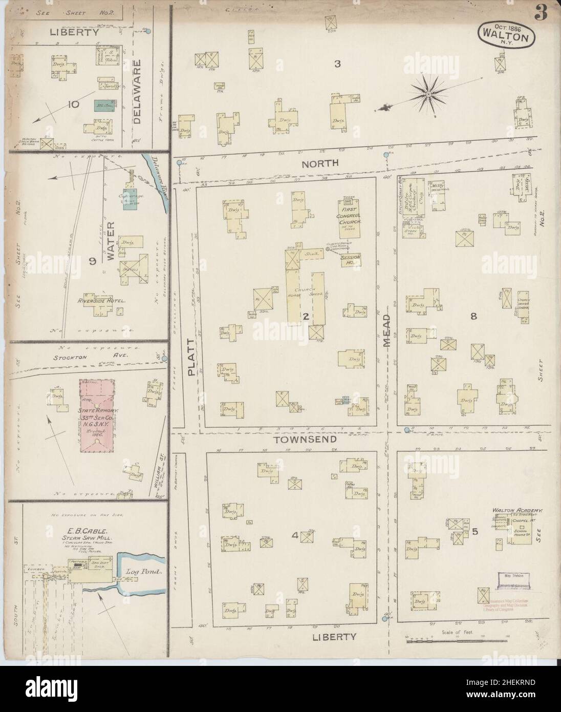 Sanborn Fire Insurance Map de Walton, Condado de Delaware, Nueva York. Foto de stock