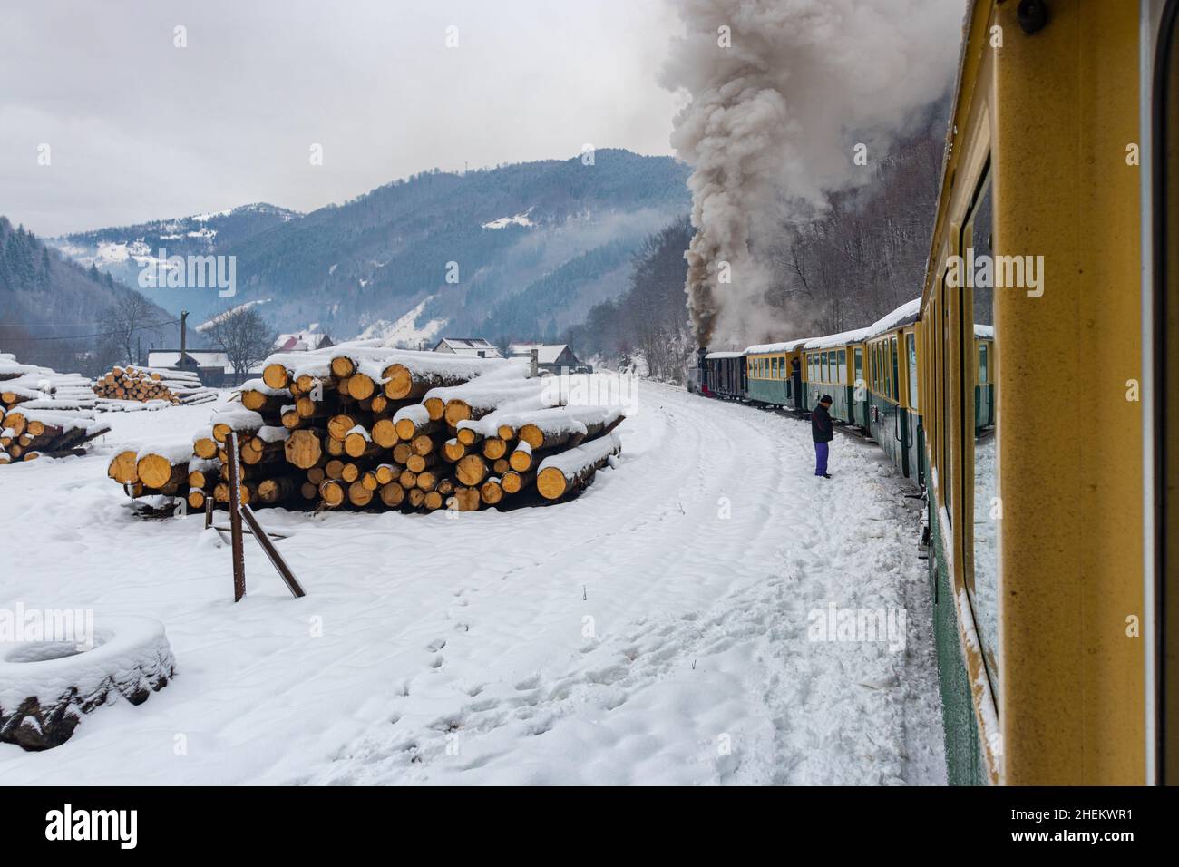 Foto de una locomotora de vapor de calibre estrecho, que cocer al vapor a través del paisaje invernal. La foto se tomó desde el tren mientras se estaba moviendo. Fotografía de un touristi Foto de stock