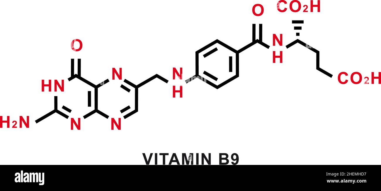 Fórmula química de la vitamina B9. Estructura molecular química de la