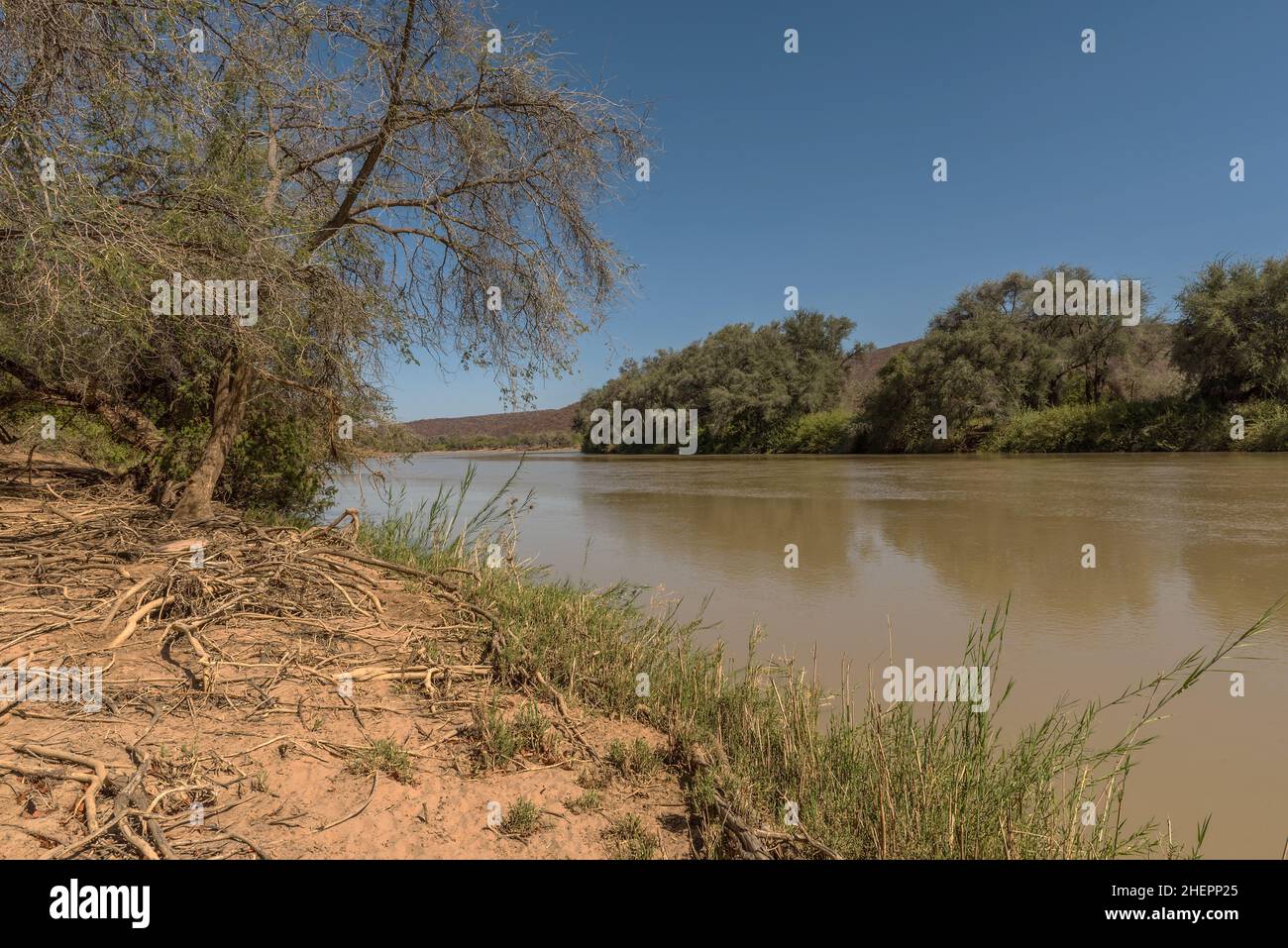 Paisaje en el río Kunene, ríos fronterizos de Namibia y Angola, Epupa, Namibia Foto de stock
