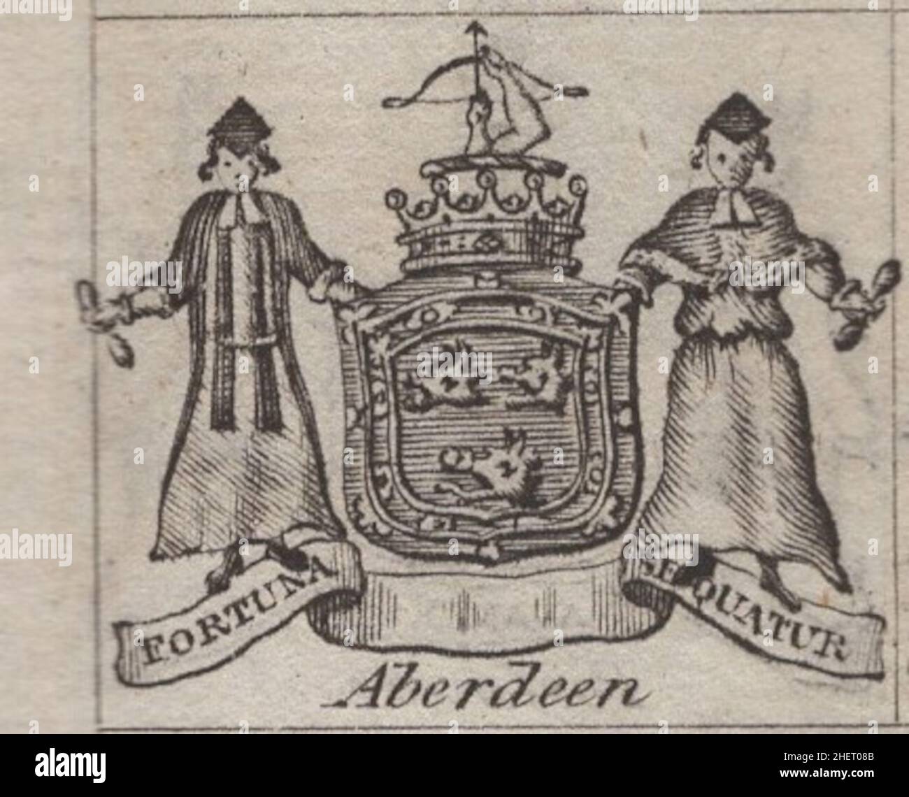 Histórico antiguo del siglo 18th grabado escudo de armas heráldoso, escudo, Scotch Scotch Earl of Aberdeen , lema / eslogan: Fortuna Sequator por Woodman & Mutlow fc russel co circa 1780s Fuente: Grabados originales del libro anual almanach. Foto de stock