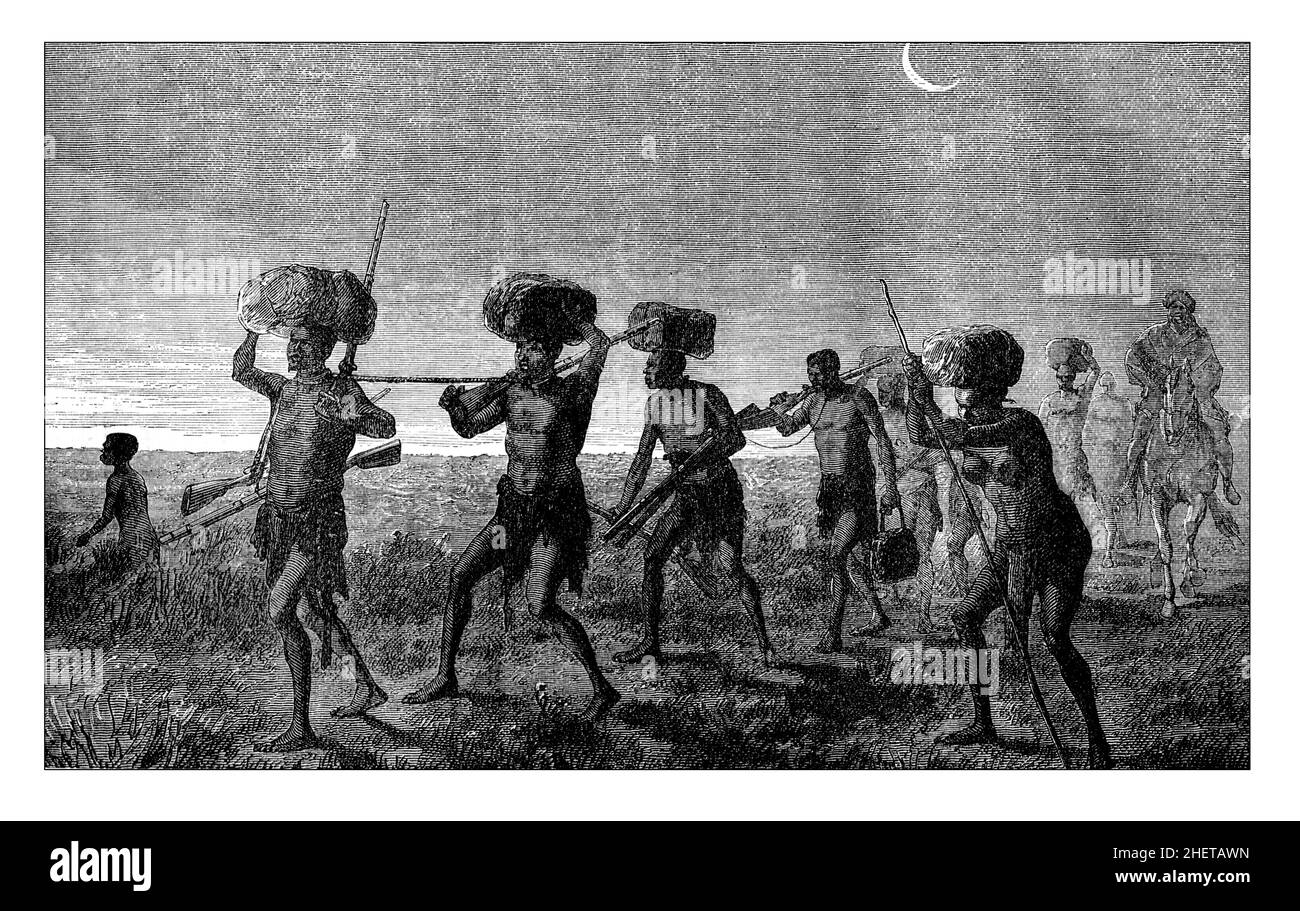 Esclavos en su marcha desde el interior a la costa, línea de illlutration de África Central, Japón y Fiyi publicado en 1882 por Hodder & Stoughton, Foto de stock