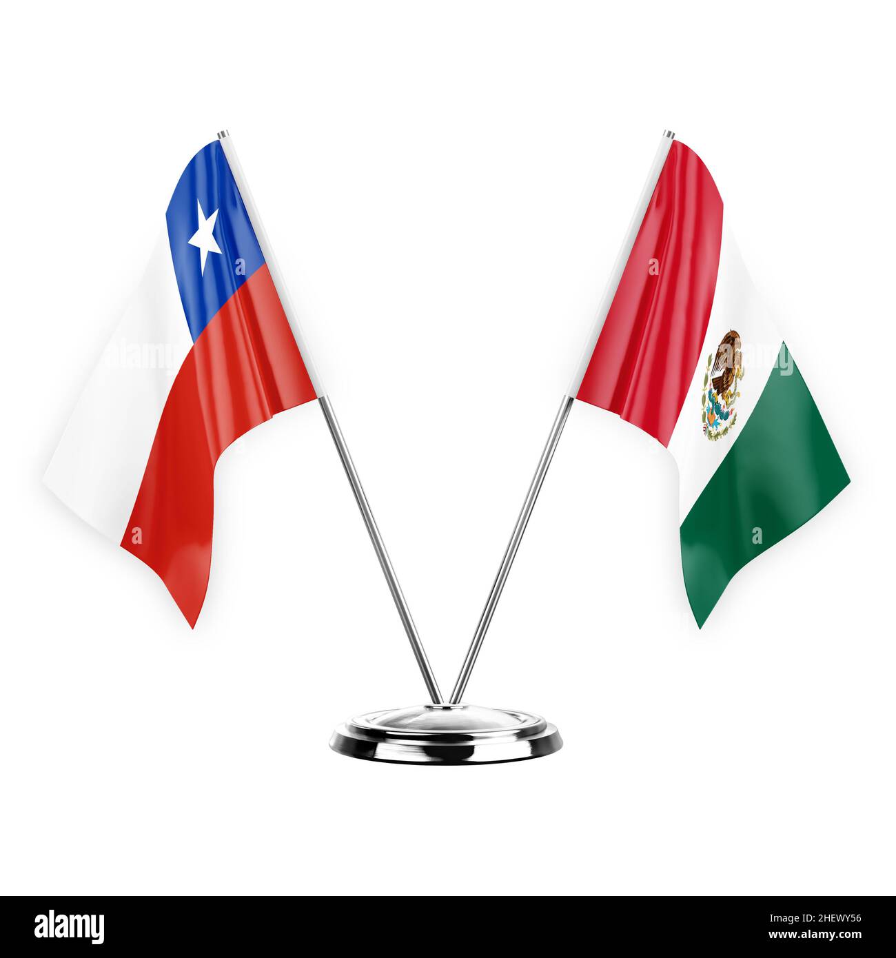 Dos banderas de mesa aisladas sobre fondo blanco 3D ilustración, chile