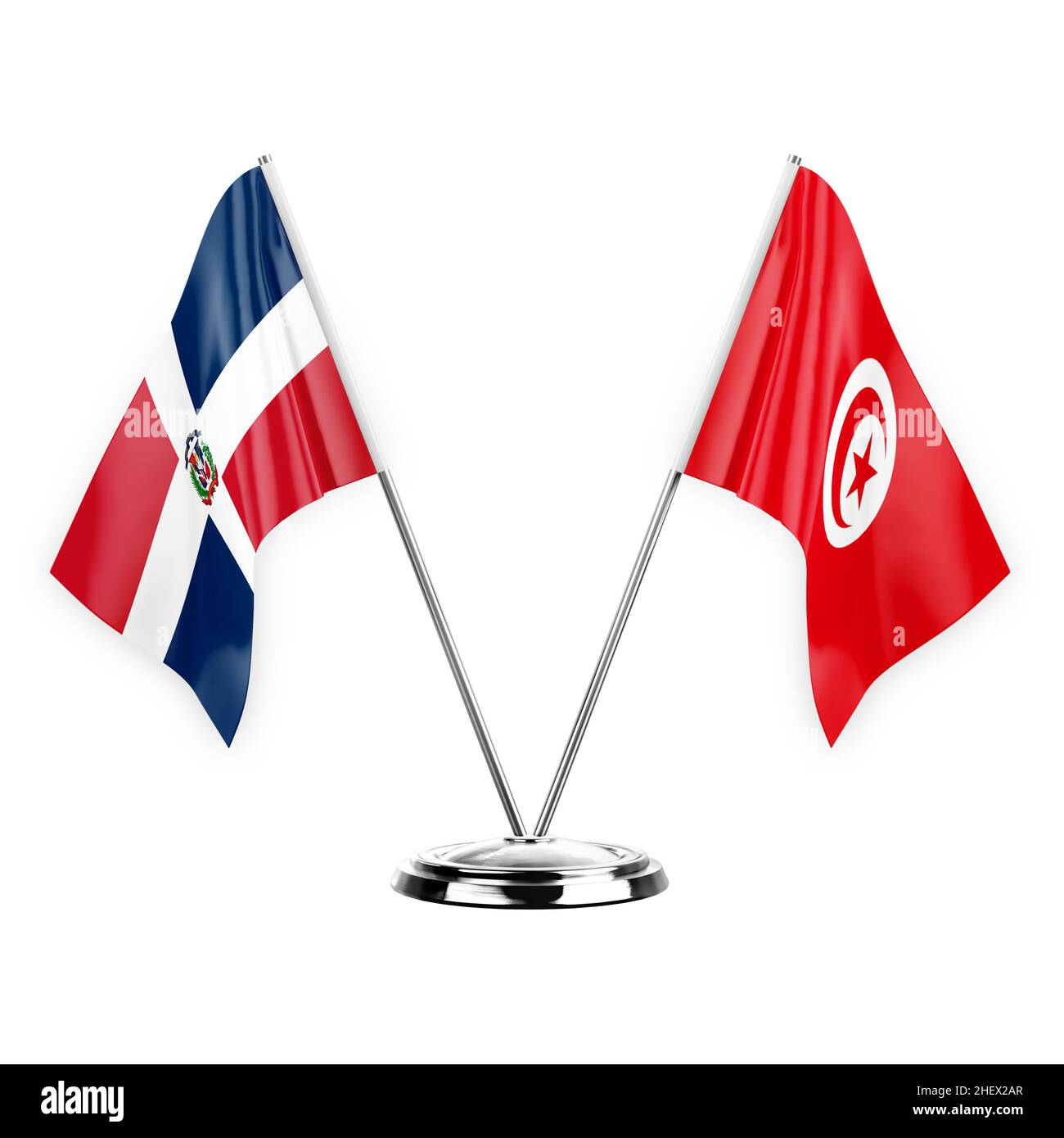 Dos banderas de mesa aisladas sobre fondo blanco 3D ilustración, república dominicana y túnez Foto de stock