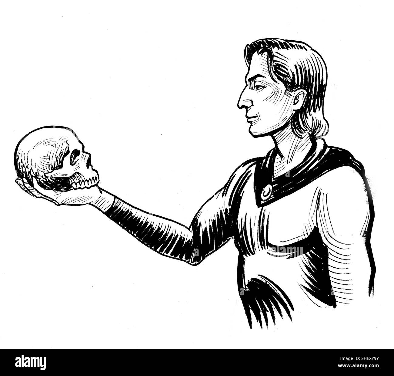 El príncipe Hamlet sostiene el cráneo humano. Dibujo en blanco y negro