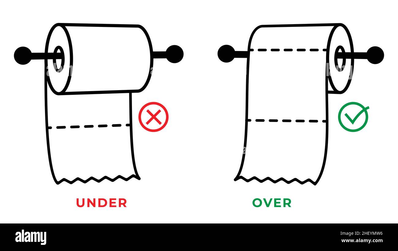 Rollo de papel higiénico en la posición inferior y superior en el soporte. Regla para la correcta colocación de los artículos de tocador. Vector e ilustración. Ilustración del Vector