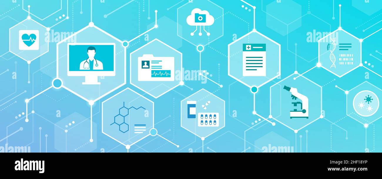 Salud digital, atención sanitaria innovadora y tecnología: Iconos médicos que se conectan entre sí Ilustración del Vector