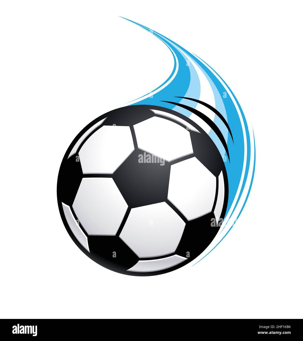 balón de fútbol volador de ritmo rápido en movimiento con raya azul aislada sobre fondo blanco Ilustración del Vector