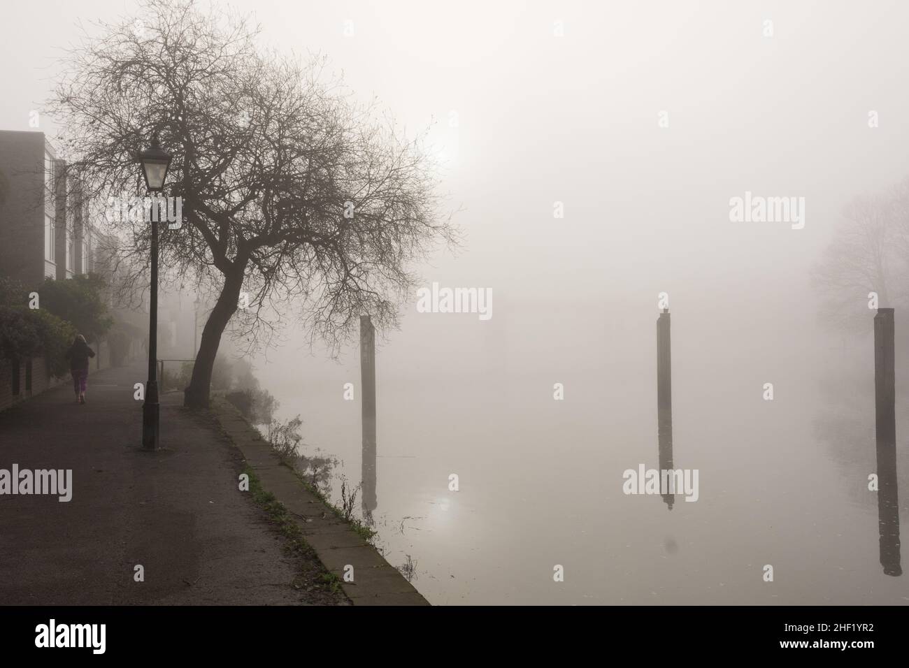 Un jogging temprano por la mañana en medio de una densa niebla matutina a orillas del río Támesis en Strand-on-the-Green, Chiswick, Londres, Inglaterra, Reino Unido Foto de stock