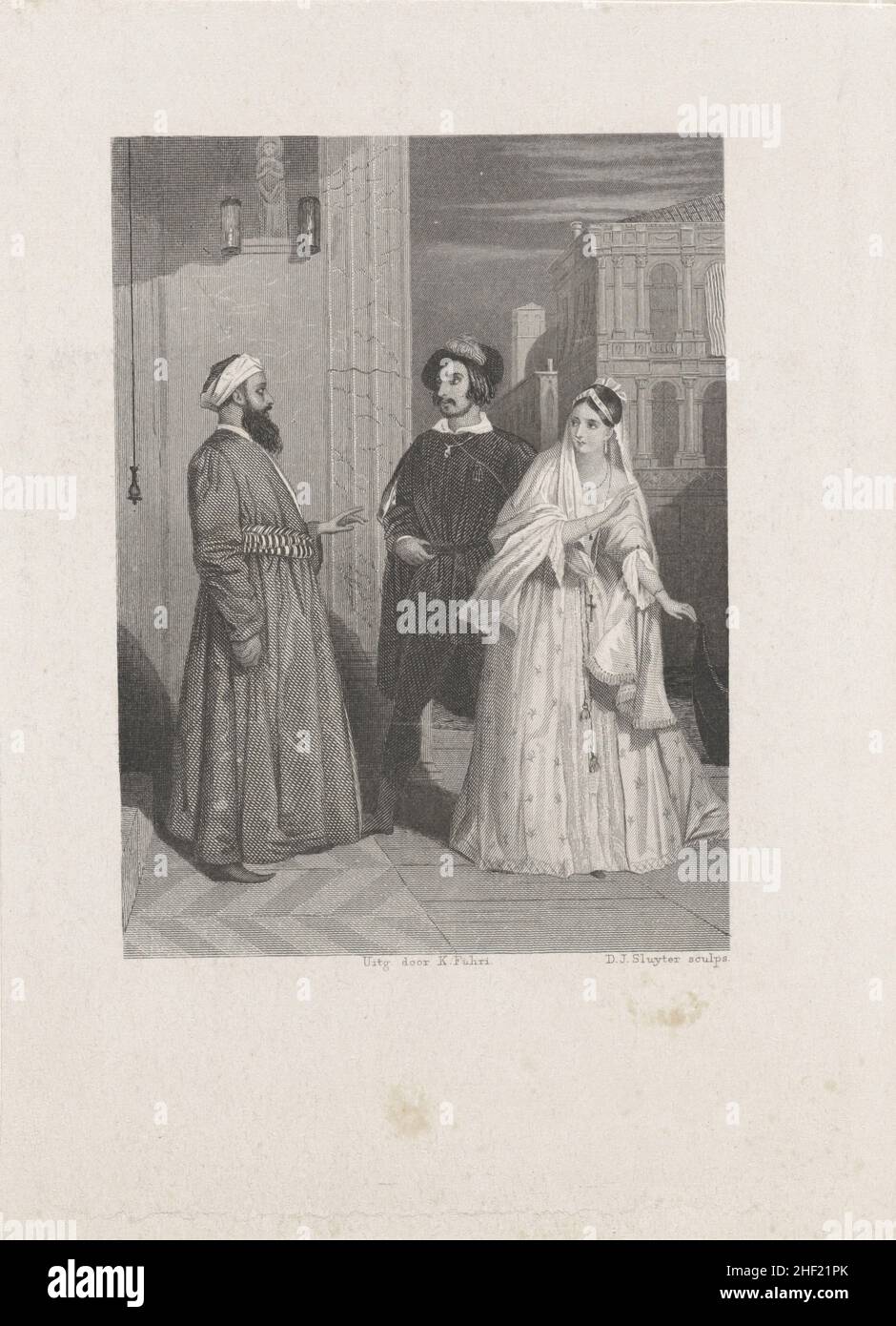 Paisaje urbano con árabe y hombre con mujer, Dirk Jurriaan Sluyter, 1849 Foto de stock