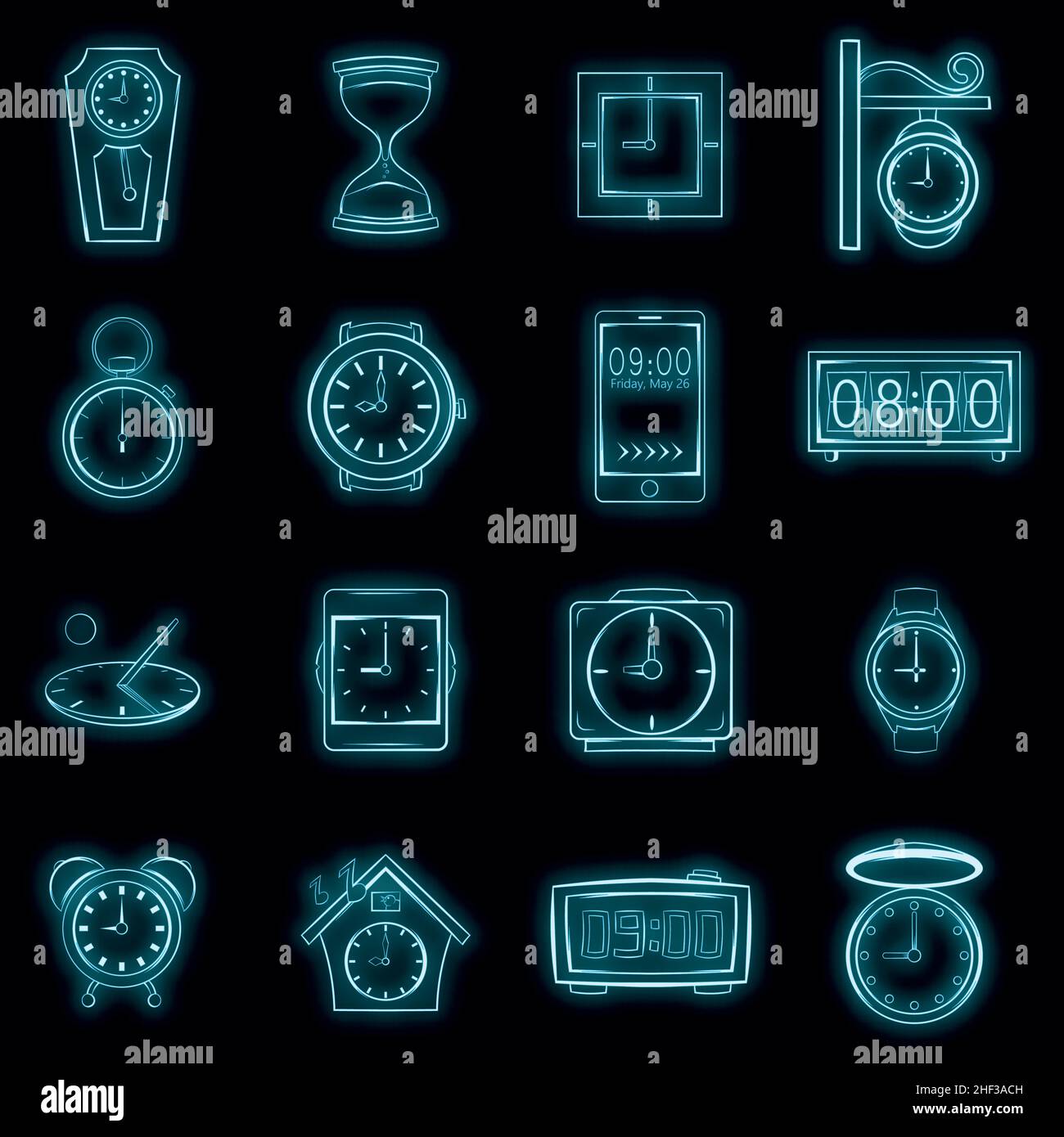 Iconos de reloj y hora en estilo neón aislados sobre un fondo negro Ilustración del Vector