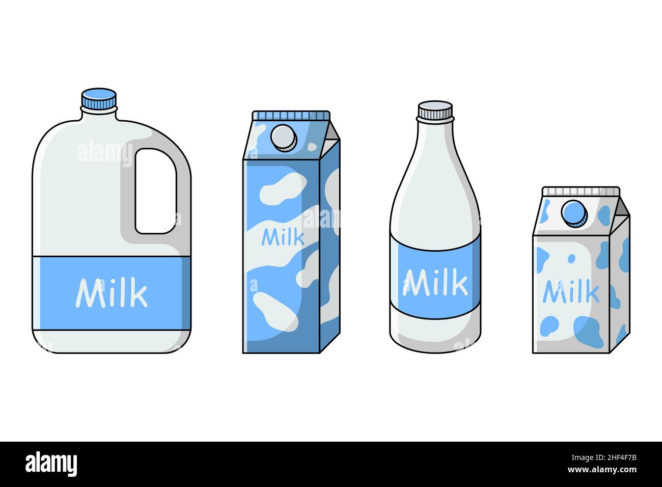 Juego de leche en diferentes paquetes: Cartón, botella, galón, bote.  Ilustración vectorial aislada sobre fondo blanco. Estilo de dibujos  animados de línea plana Imagen Vector de stock - Alamy