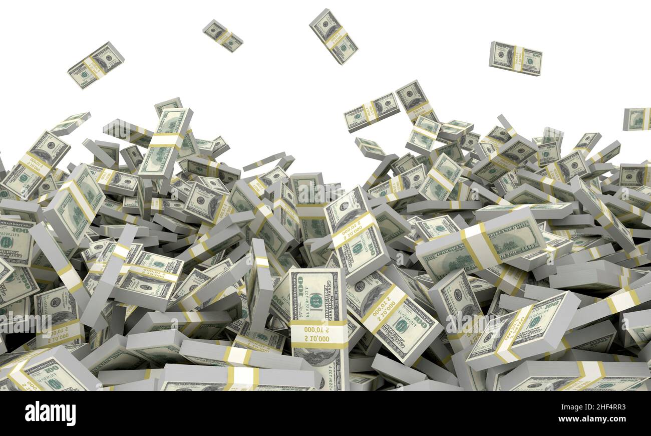 Alto montón de dinero que nos cae - dólares EE.UU. Aislados apilados sobre fondo blanco. 3d representación de la ilustración Foto de stock