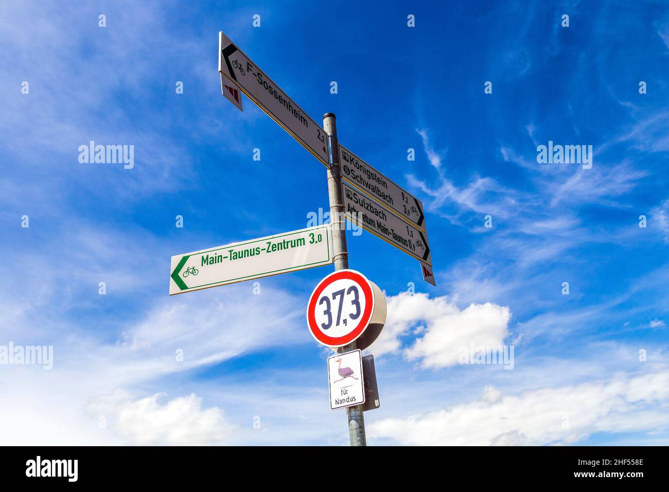 Señal de la calle para nandus bajo el cielo azul en Alemania Foto de stock