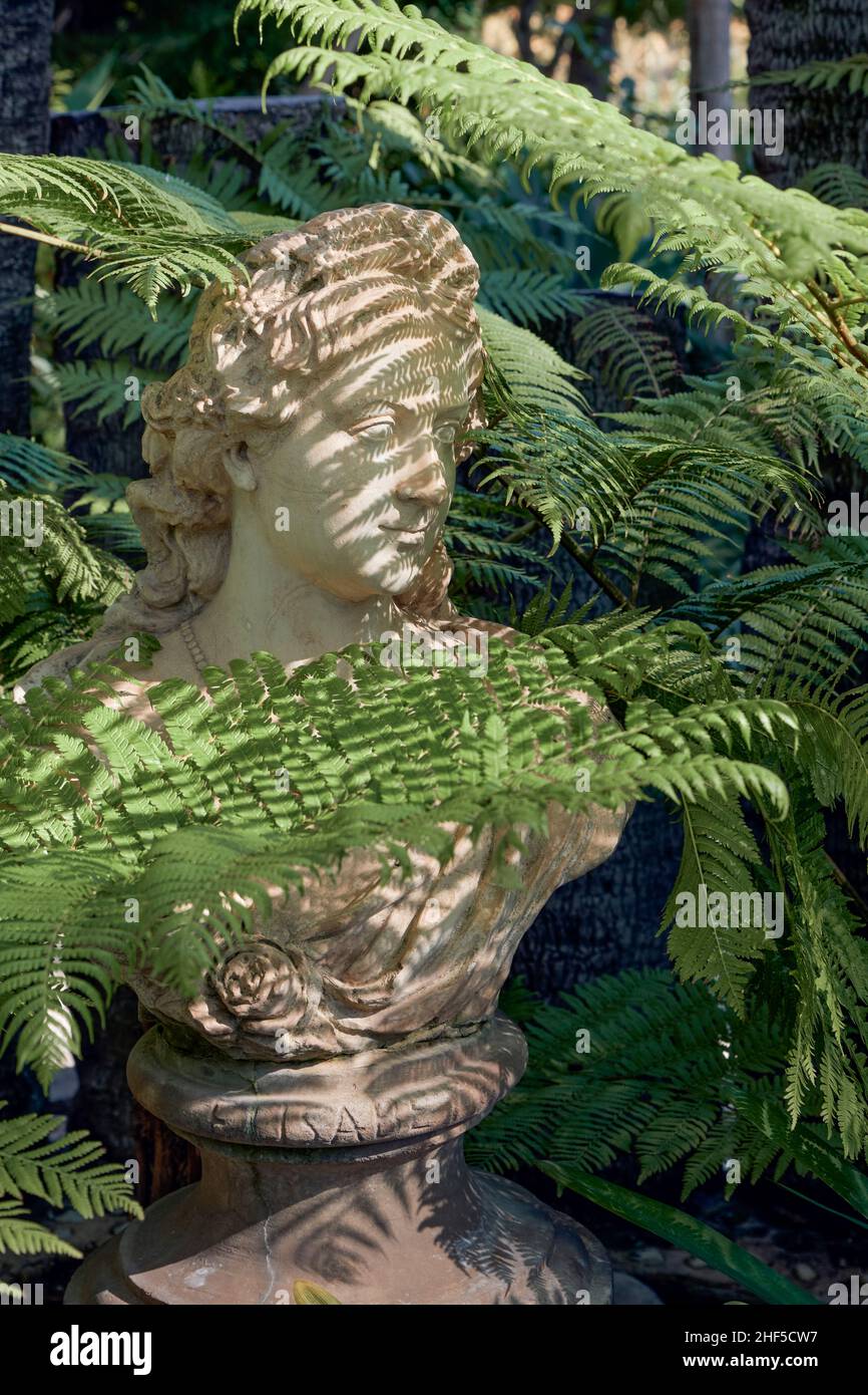 Busto de Isabel de Baviera, coronado como la emperatriz de Austria, apodado 'Sissi', Jardín Botánico, Huerto del Cura, Elche, España, Foto de stock