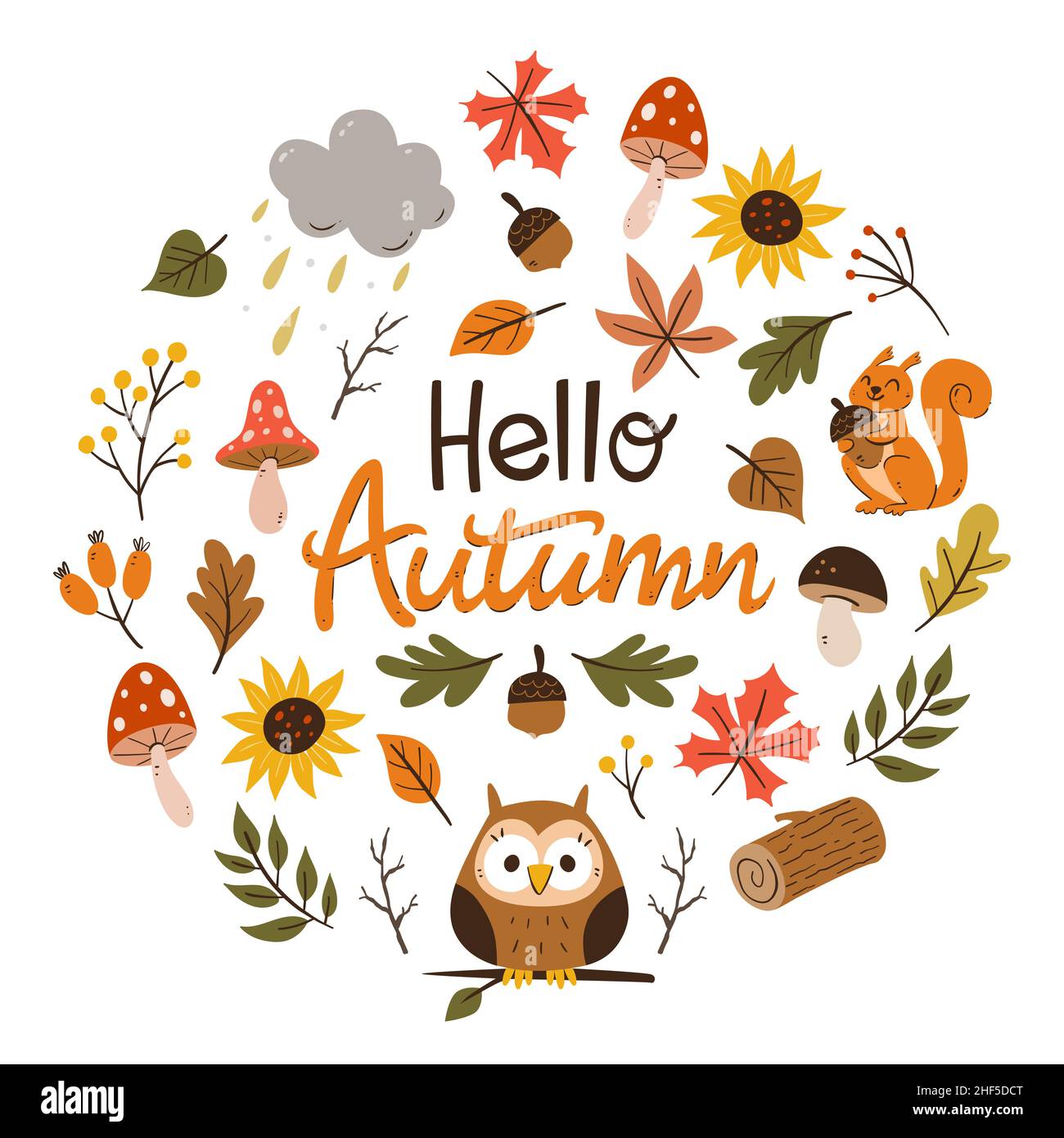 Tarjeta de otoño colorida con hojas de temporada, ramitas, champiñones y pequeños animales del bosque. Ilustración vectorial dibujada a mano con elementos aislados. Ilustración del Vector