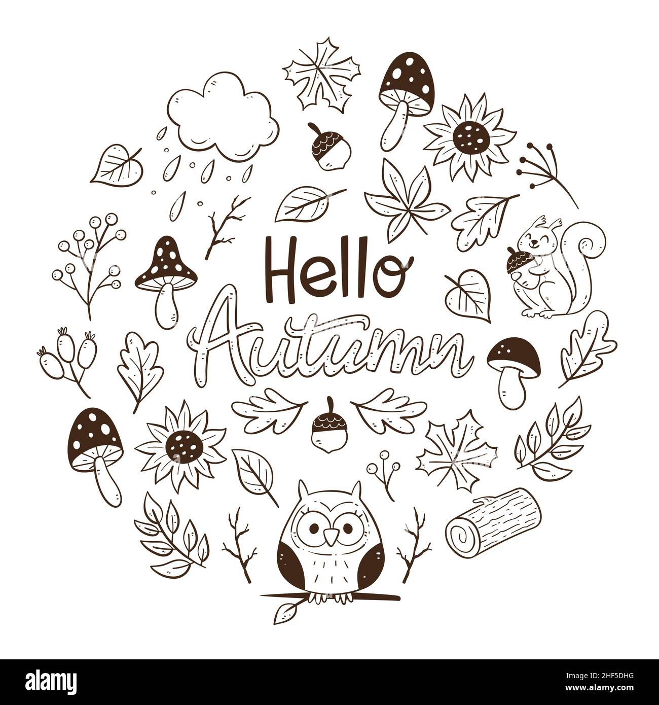 Tarjeta de otoño con hojas de temporada, ramitas, champiñones y pequeños animales del bosque. Ilustración de vector de fideos con elementos aislados. Ilustración del Vector
