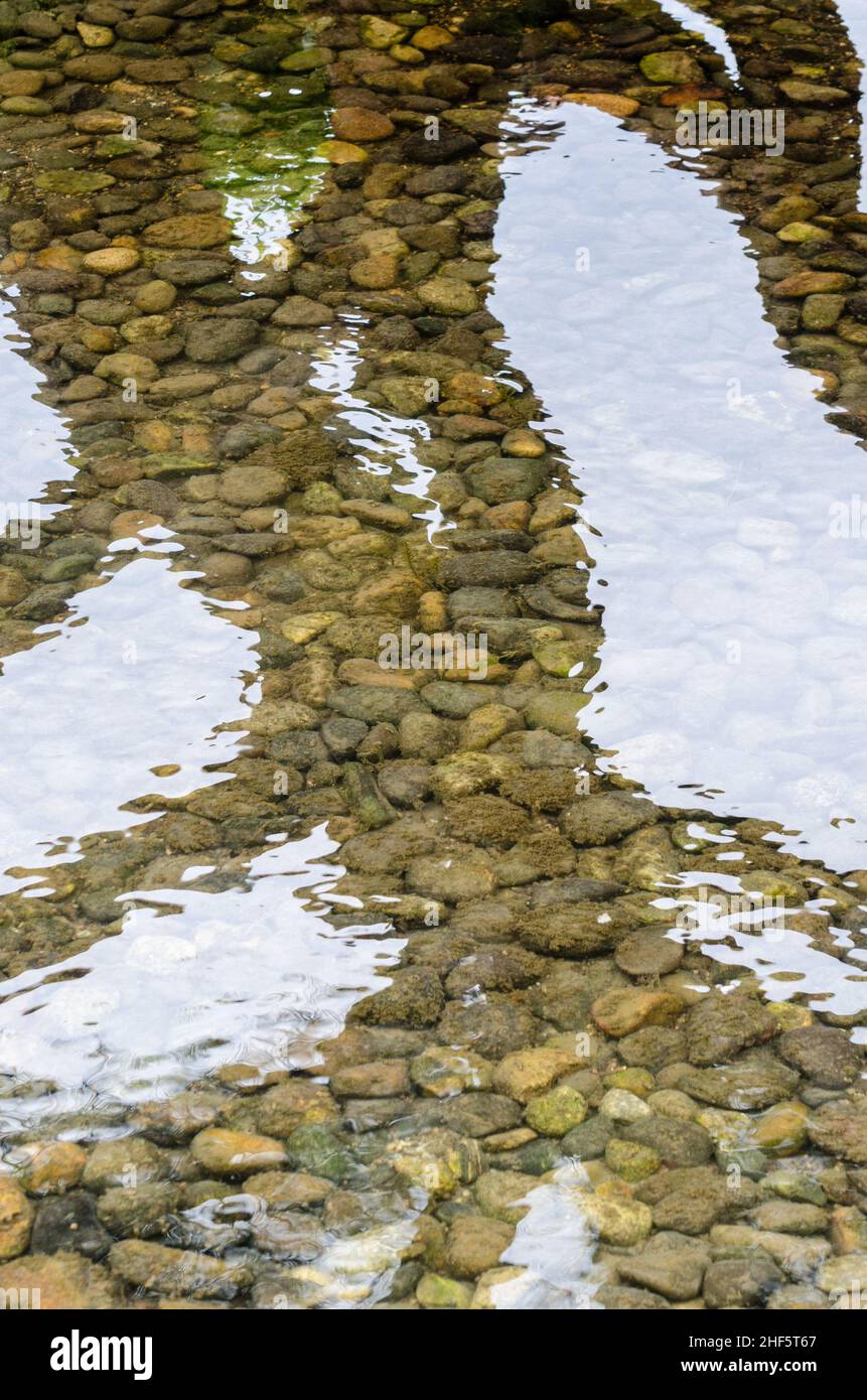 Arroyo con agua cristalina donde se puede ver el fondo rocoso, en los jardines Kenrokuen en Kanzawa, Japón. Foto de stock