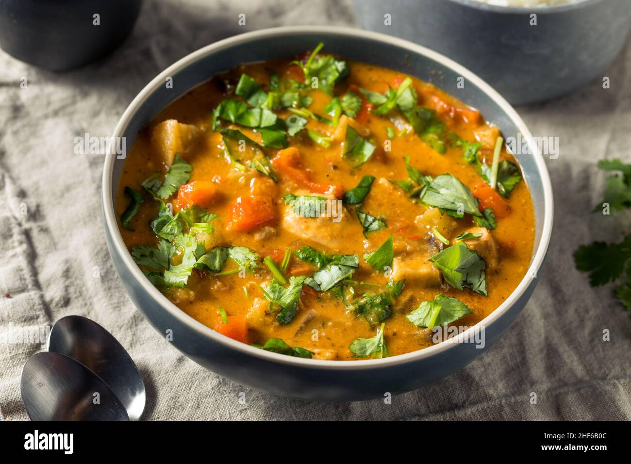 Curry de pollo rojo casero con cilantro y arroz Foto de stock