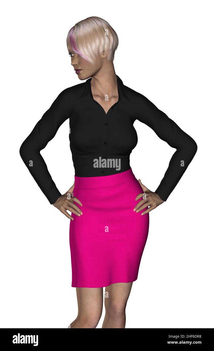 Mujer joven rubia de negocios usa blusa negra y falda rosa, ilustración 3D  Fotografía de stock - Alamy
