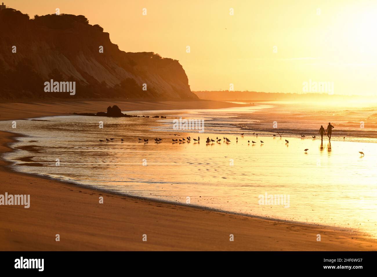 Amanecer en la playa en Albufeira, Océano Atlántico, paseo por la playa en el surf, foto retroiluminada Foto de stock