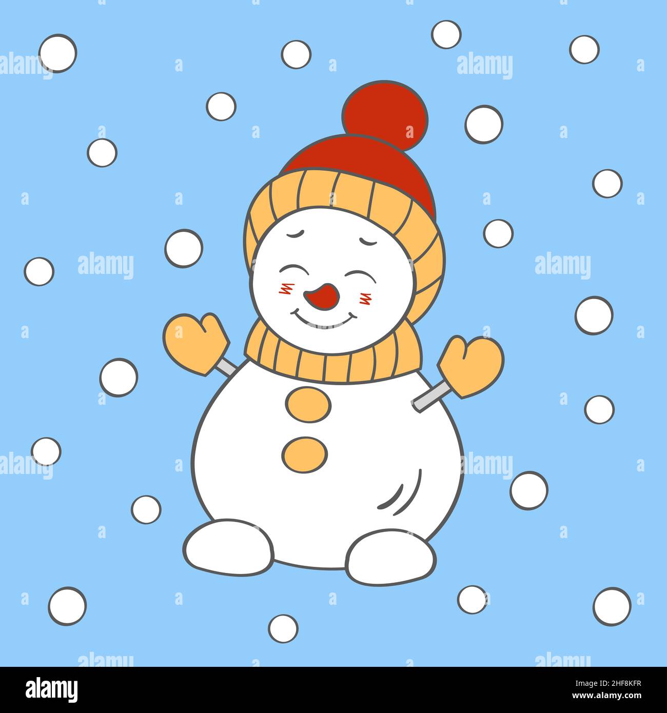 Lindo divertido muñeco de nieve de Navidad en un sombrero de invierno, ilustración vectorial Ilustración del Vector
