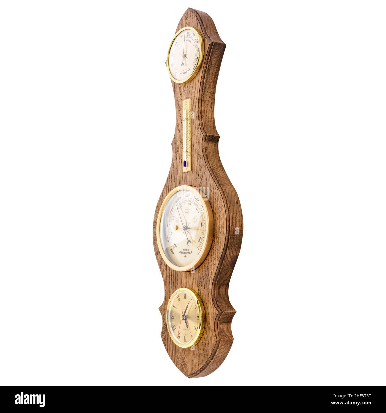 Reloj de madera vintage con barómetro y termómetro de estilo marino antiguo  sobre fondo blanco. Decoración de pared para el interior Fotografía de  stock - Alamy