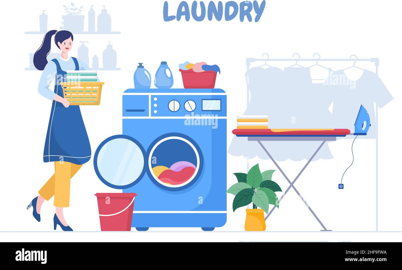 Lavandería con máquinas de lavado y secado en ilustración de fondo plano.  El paño sucio que se ensucia en la cesta y las mujeres son ropa que se lava  para la bandera