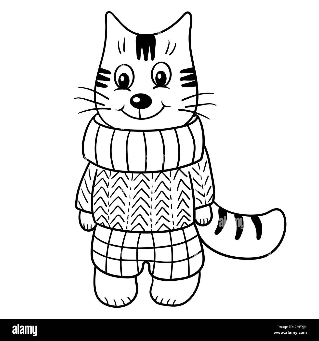 Página para colorear con un lindo gato de juguete en un suéter y pantalones  Imagen Vector de stock - Alamy