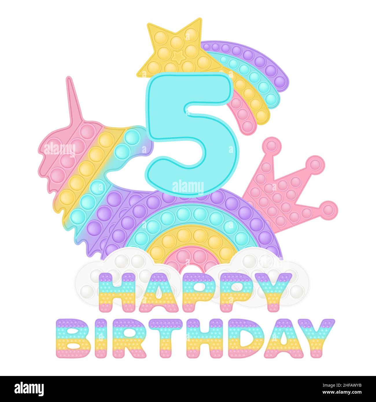 Feliz 5th cumpleaños quinto año pop que toper o sublimación estampado para la camiseta con estilo un moderno juguete de silicona para los pepitos. Número azul, unicornio, c Ilustración del Vector