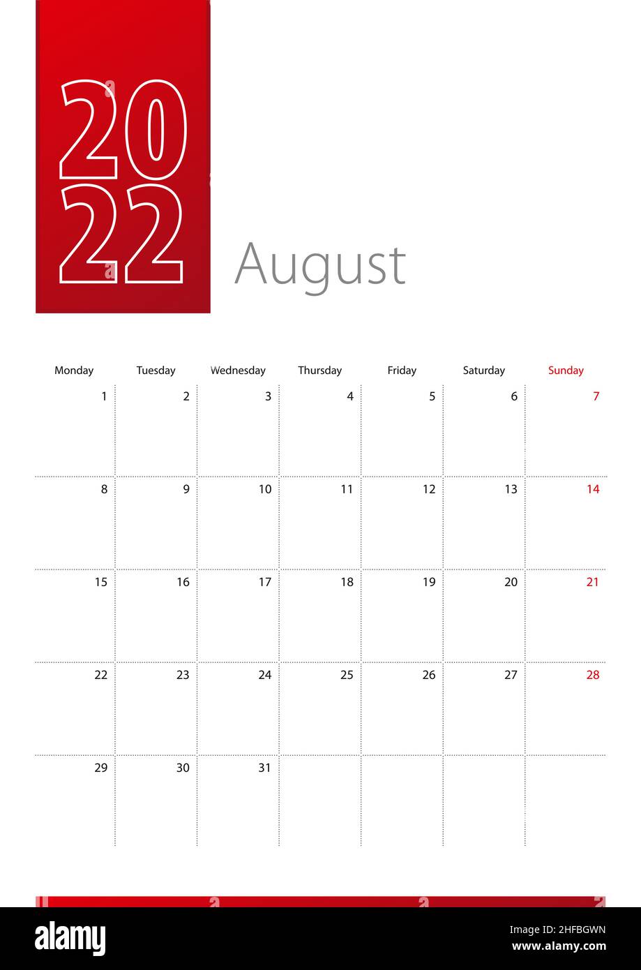 Diseño del calendario de agosto de 2022. La semana comienza el lunes. Plantilla de calendario