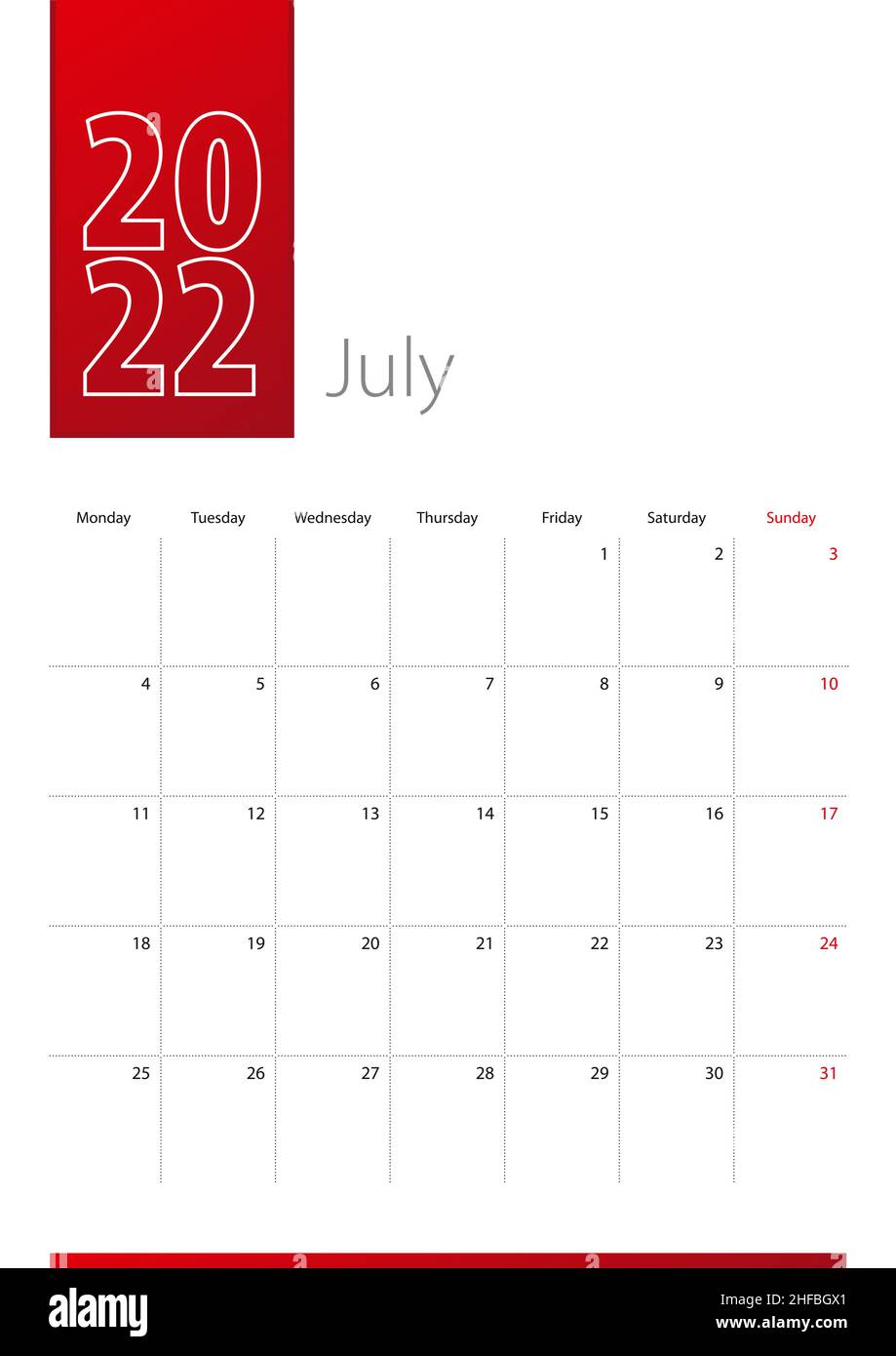 Diseño del calendario de julio de 2022. La semana comienza el lunes